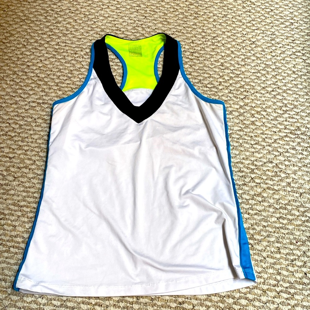 Lucky in Love White Tank Top with Neon Yellow and Blue Trim